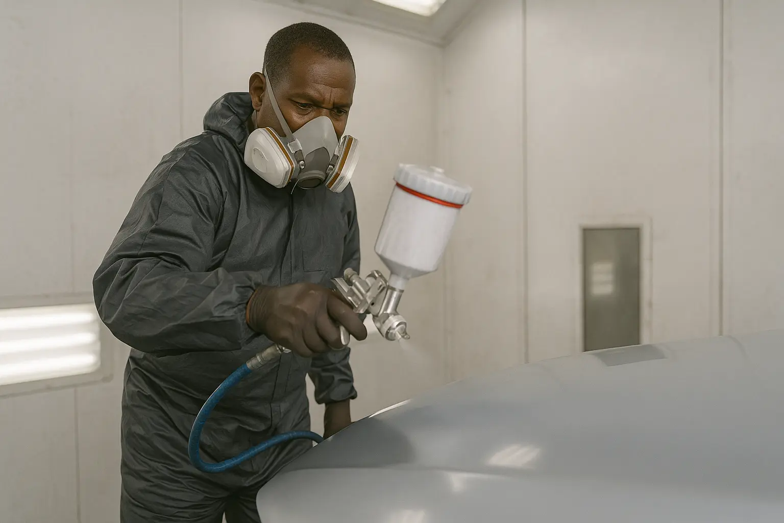 Everton spraying a car hood with protective clear coat at ChaaChaa Coats.