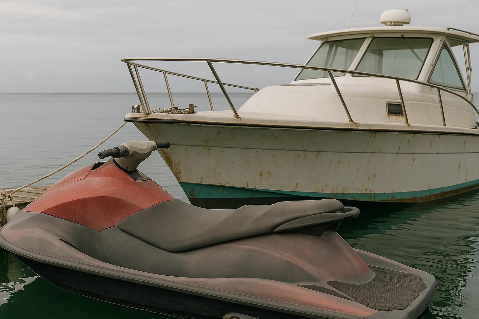 Faded jet ski and rusting boat docked in Jamaica.