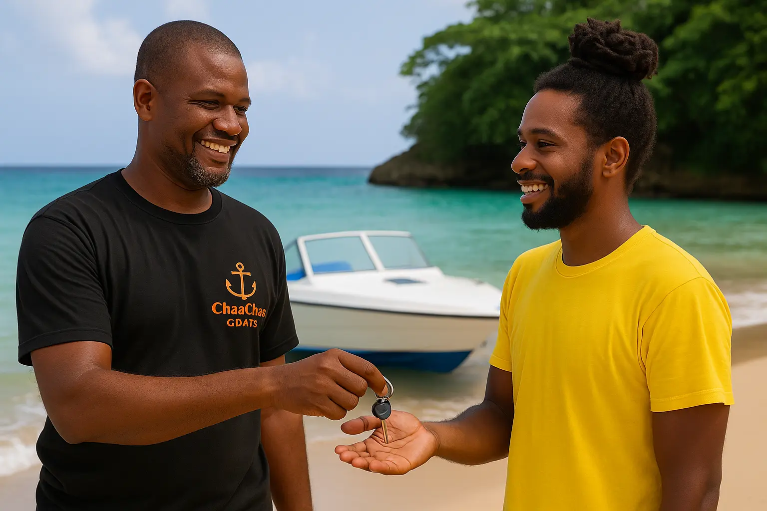 Everton delivering a freshly sprayed boat to customer in Jamaica.
