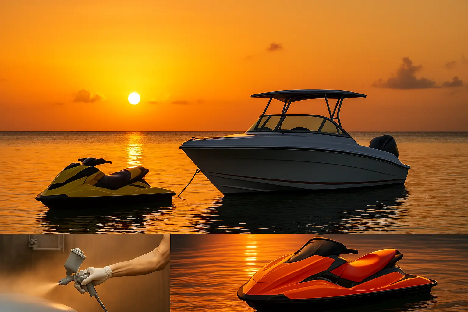 Polished boat and jet ski glowing at Jamaican dock sunset.