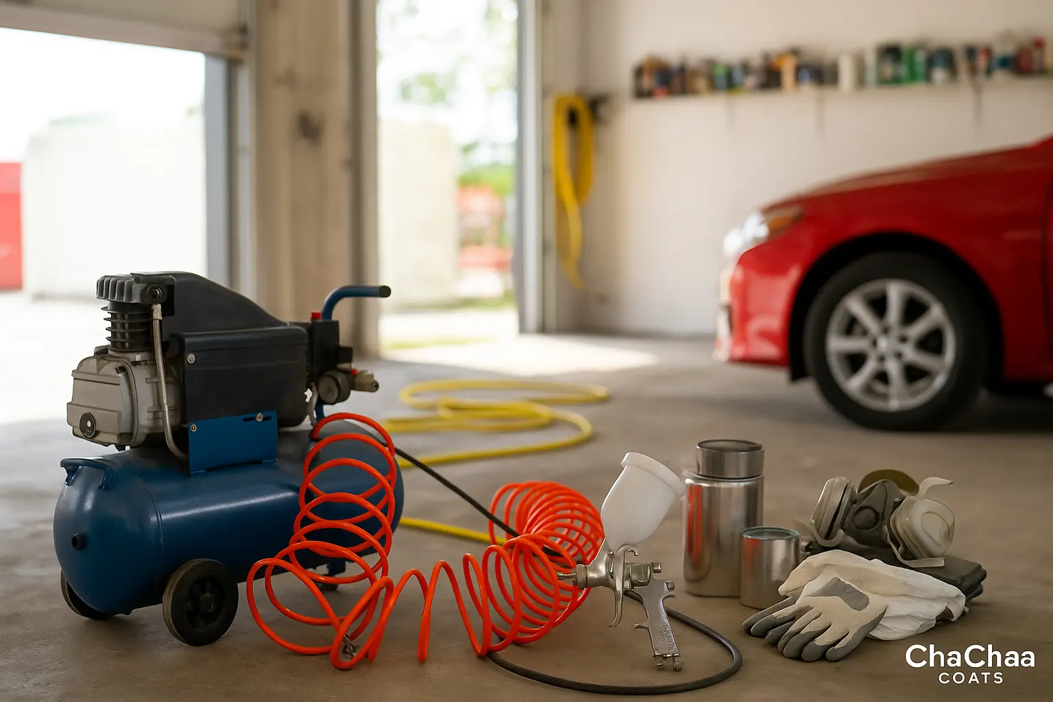 A bright Jamaican workshop scene featuring a blue air compressor connected to a silver spray gun with orange hoses coiled neatly on the concrete floor.