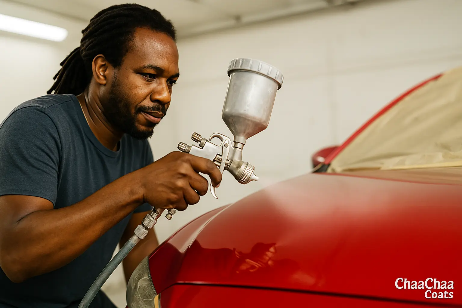 Everton “ChaaChaa,” a Jamaican spray painter, focuses intently as he uses a silver HVLP spray gun to coat a red car in a bright, well-lit workshop.