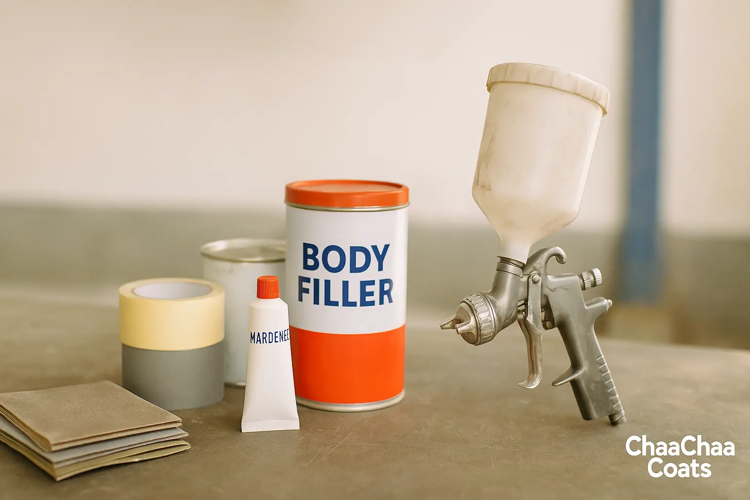 A clean prep table inside a Jamaican workshop displays essential spray painting materials — folded sandpapers, rolls of masking tape, a tin of body filler, a tube of hardener, and a silver spray gun resting upright.