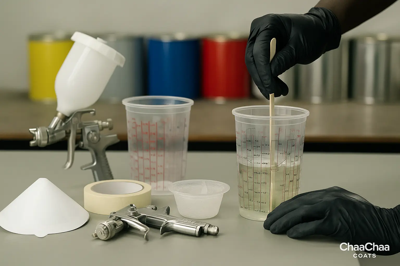 A clean prep table inside a Jamaican workshop displays essential spray painting materials — folded sandpapers, rolls of masking tape, a tin of body filler, a tube of hardener, and a silver spray gun resting upright. Soft natural light casts gentle shadows across the table, creating a realistic and professional atmosphere. The ChaaChaa Coats watermark is visible in the bottom-right corner.