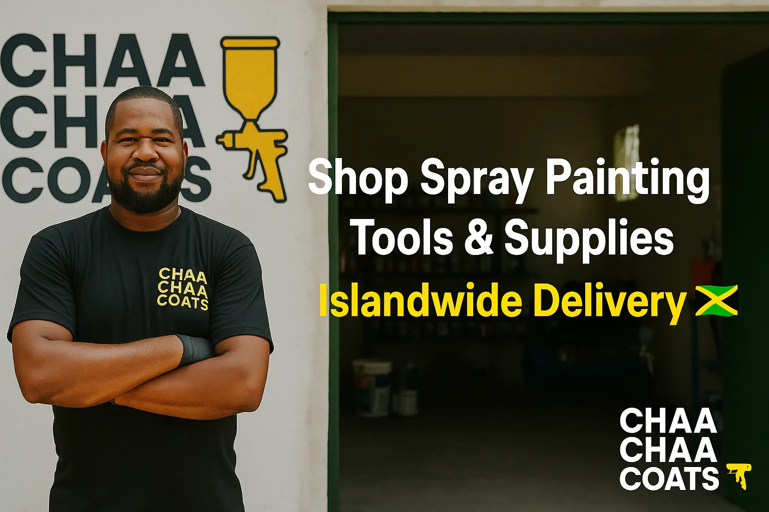 Everton “ChaaChaa,” wearing a black ChaaChaa Coats T-shirt, stands confidently with arms folded in front of his Jamaican workshop. Behind him, the ChaaChaa Coats wall logo with a yellow spray gun graphic is visible. Overlay text reads “Shop Spray Painting Tools & Supplies – Islandwide Delivery 🇯🇲” in bold white and yellow lettering. The setting is bright and professional, highlighting ChaaChaa Coats’ local craftsmanship and nationwide service.