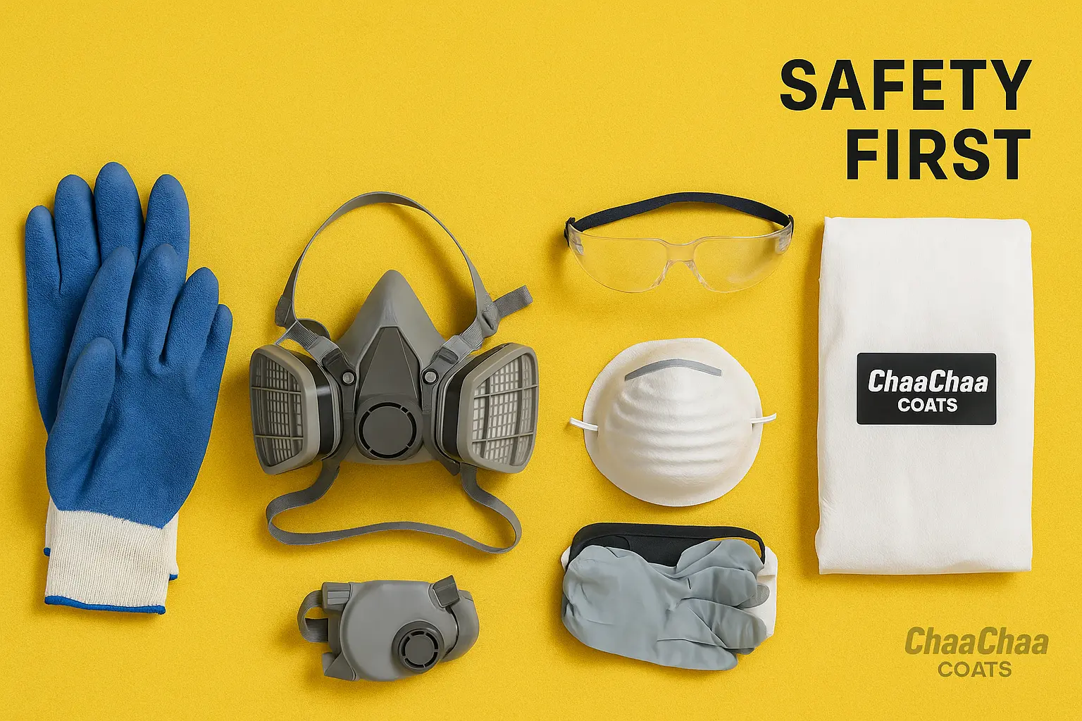 A neatly arranged flat lay of essential spray painting safety gear displayed on a warm yellow background. Items include a gray respirator mask, white dust mask, blue work gloves, clear protective goggles, and folded white coveralls featuring the ChaaChaa Coats branding tag.