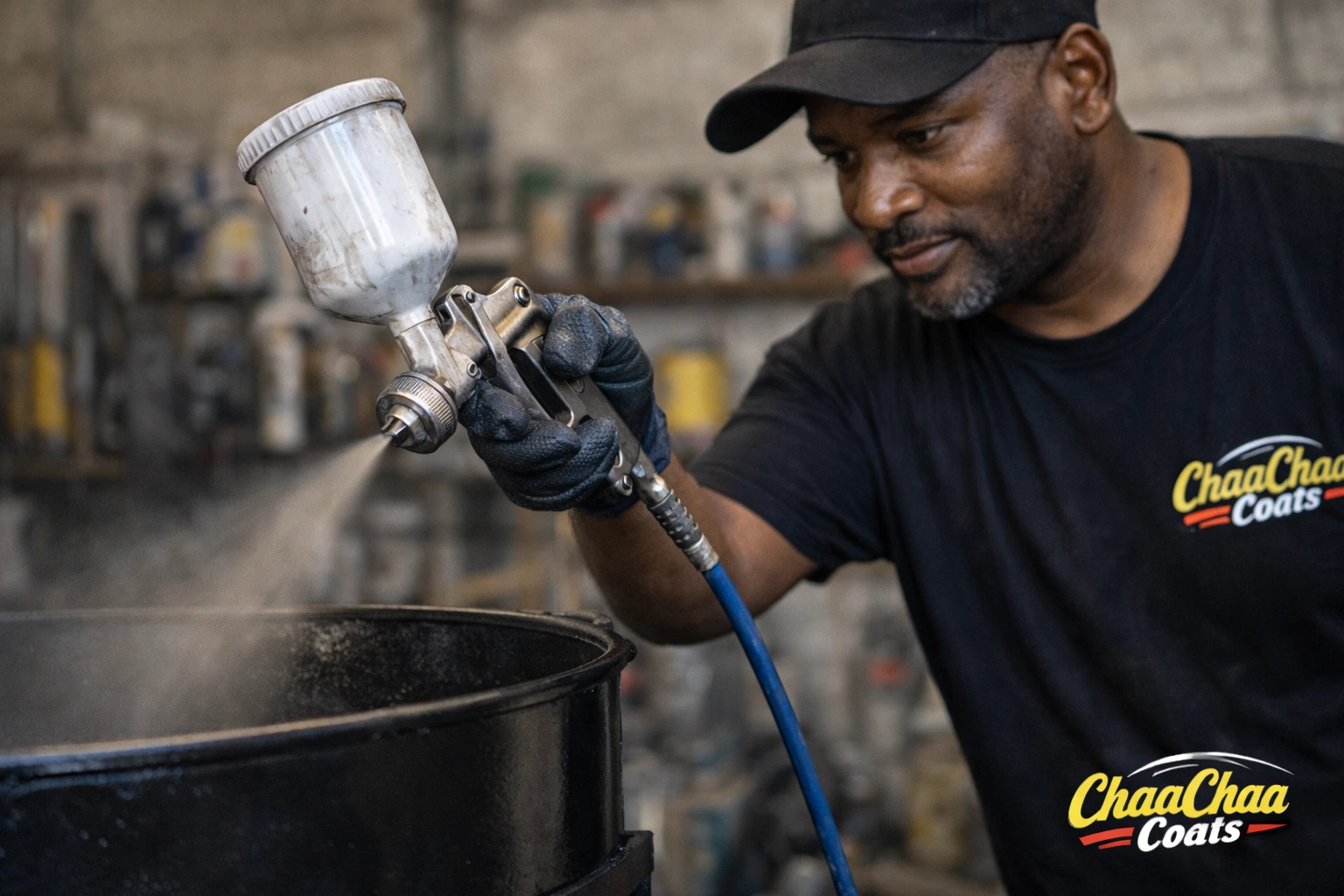 Everton (ChaaChaa) spray painting a jerk pan frame in Portland, Jamaica