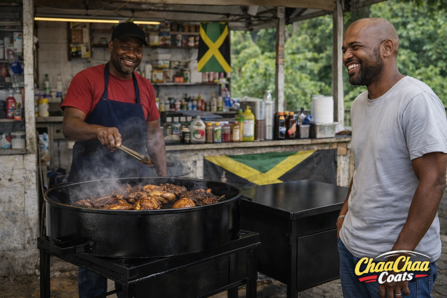 Freshly painted jerk pan in use at a food vendor stall in Portland Jamaica