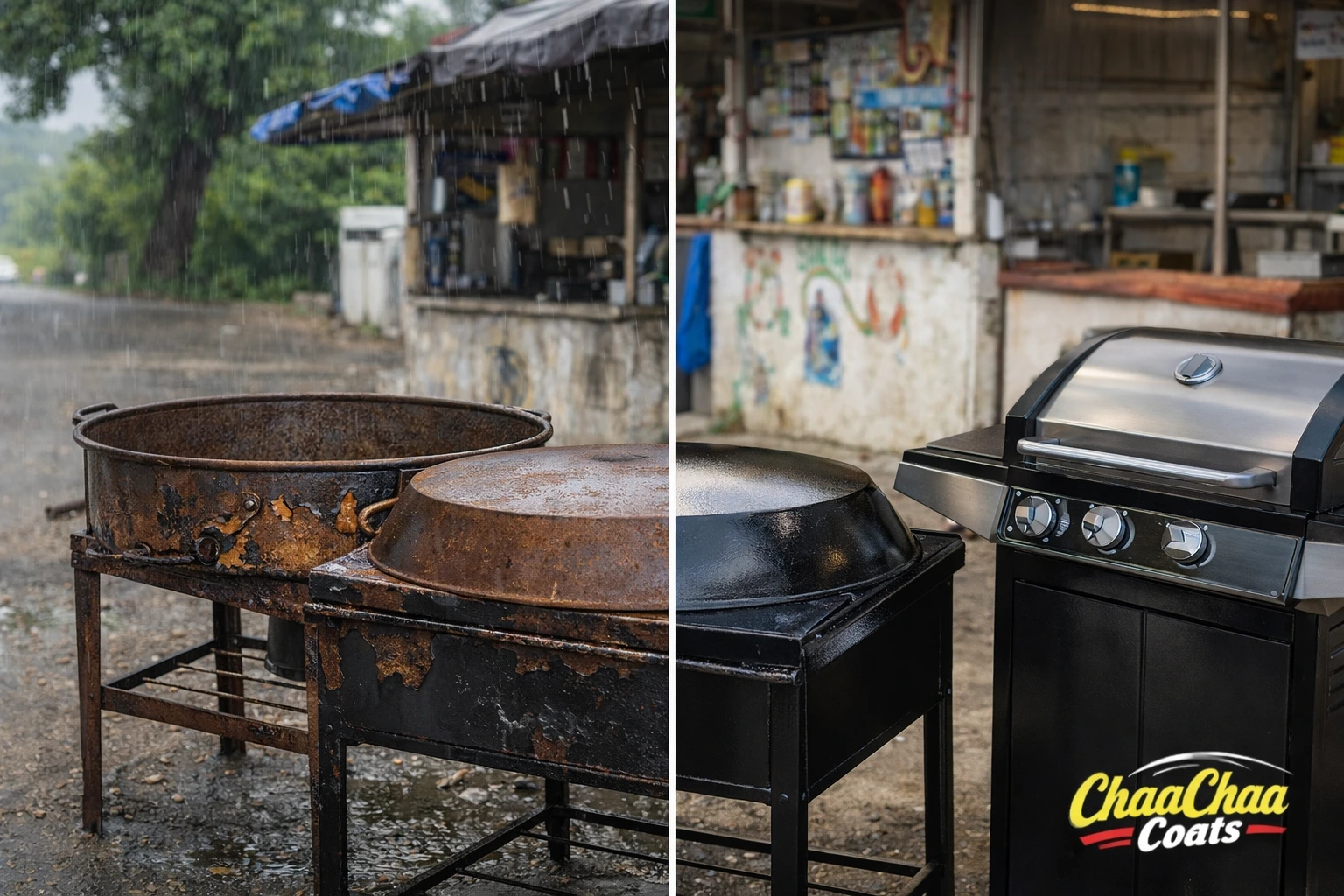 Rusted outdoor jerk pan and grill exposed to Jamaican weather conditions