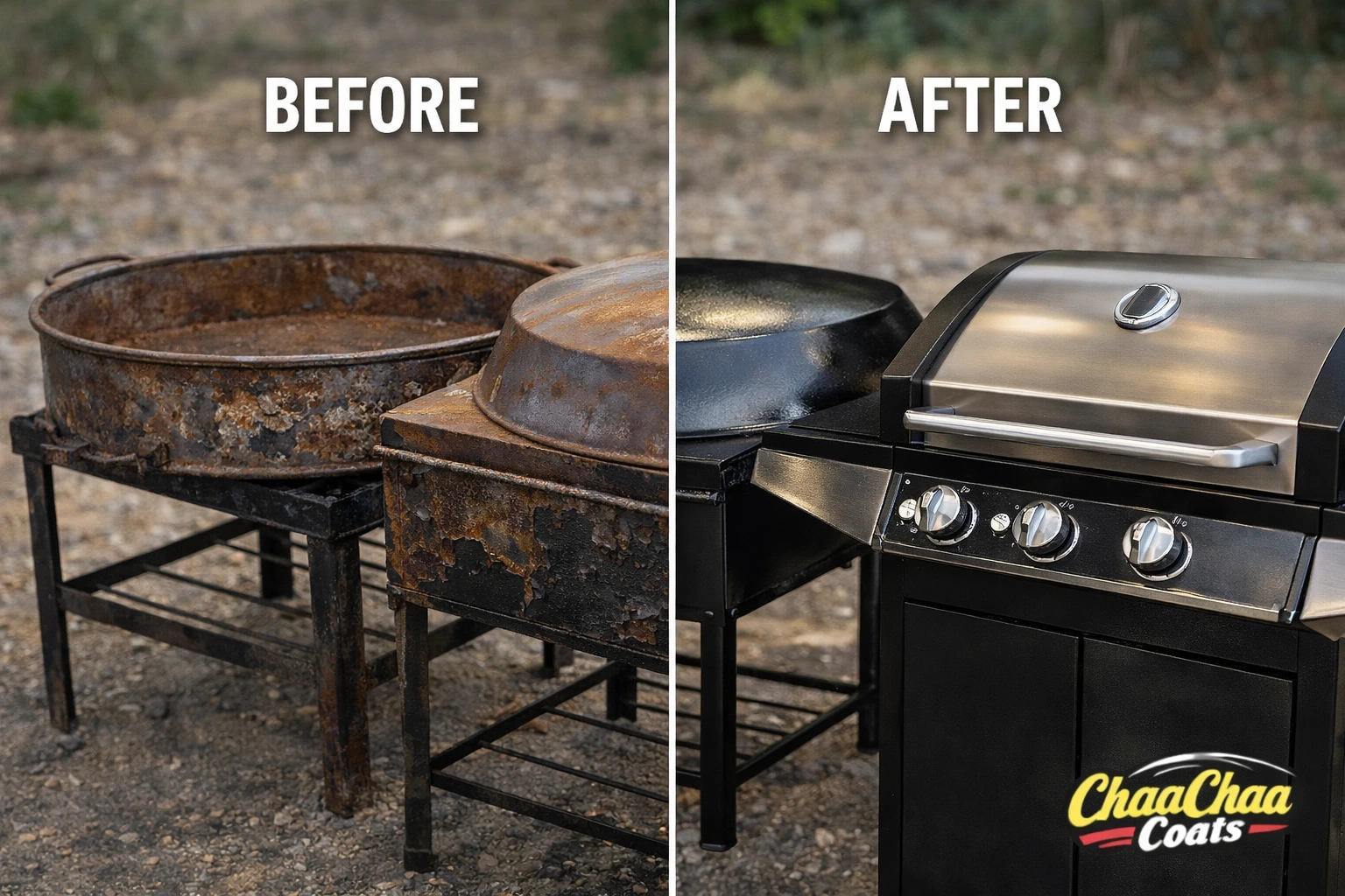 Before and after comparison of repainted jerk pan and outdoor grill in Jamaica
