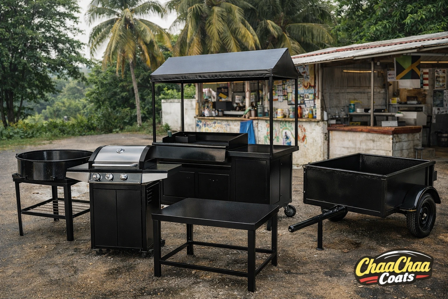 Freshly painted outdoor grills, food carts, and vendor equipment in Jamaica